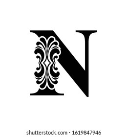 letter N. Vintage black flower ornament initial letters.  Alphabet. Logo vector 