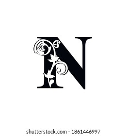 letter N. Vintage black flower ornament initial letters.  Alphabet. Logo vector 