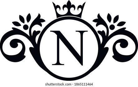 letter N. Vintage black flower ornament initial letters.  Alphabet. Logo vector 