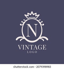 letter N vintage logo design for classic beauty product, rustic brand, wedding, spa, salon, hotel