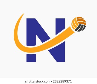 Letter N Volleyball Logo Concept With Moving Volley Ball Icon. Volleyball Sports Logotype Template