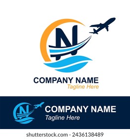 Letra N con logotipo de Onda y Avión Volador para Agencia de Viajes. Logotipo de diseño vectorial para etiqueta de transporte de viajes, turismo, publicidad de la compañía de vuelos