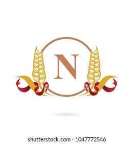 Letter N wheat logo template with ribbon. Organic concept. Nature icon symbol.