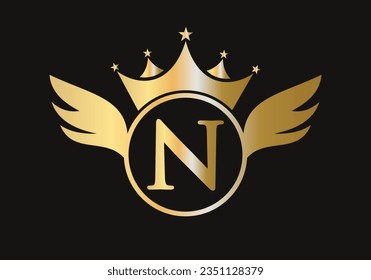 Letter N Wing Logo Concept With Crown Icon Vector Template. Wing Symbol