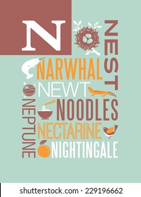 Letter N words typography illustration alphabet poster design