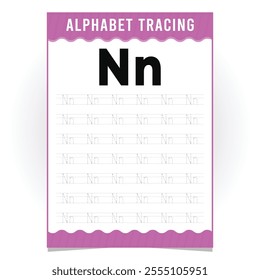 letter N for writing practice. English alphabet tracing practice worksheets, educational letters dot tracing pattern For children in kindergarten