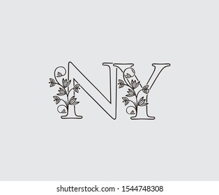 Letter N, Y and NY Vintage Floral Logo Icon, overlapping monogram logo, Simple Swirl Black color Logo on white background. Classy Letter Logo Icon.