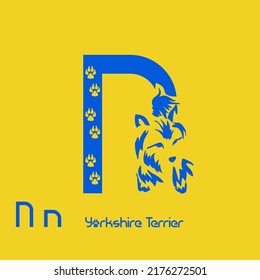 Letter N with Yorkshire terrier. Unusual decorative alphabet. Dog font based on gestalt design