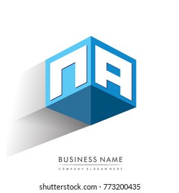 Letter NA logo in hexagon shape and blue background, cube logo with letter design for company identity.
