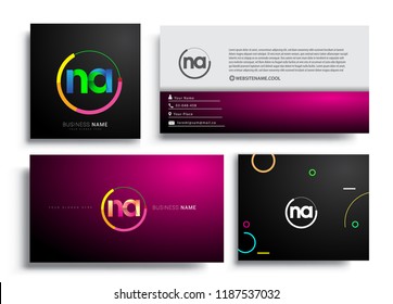 Letter NA logotype with colorful circle, letter combination logo design with ring, sets of business card for company identity, creative industry, web, isolated on white background.