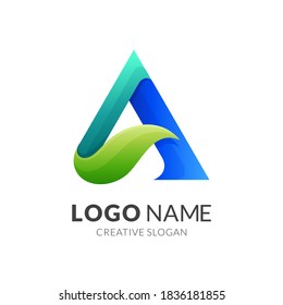 Buchstabe A Naturlogo, Buchstabe A und Blatt, kombiniertes Logo mit 3D-farbigem Stil