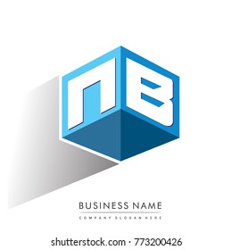 Letter NB logo in hexagon shape and blue background, cube logo with letter design for company identity.
