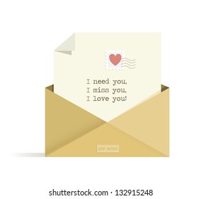Letter with I need you, I miss you, I love you! words with red heart postal stamp in the opened envelope