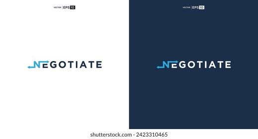 letter NEGOTIATE wordmark logo typography. logo depicted with two arrows intertwined within the curves, symbolizing the concept of negotiation.