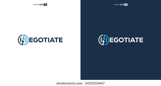 letter NEGOTIATE wordmark logo typography. logo depicted with two arrows intertwined within the curves, symbolizing the concept of negotiation.