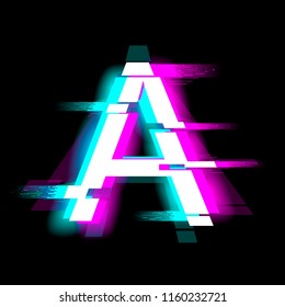 The letter A with neon and glitch effects. English alphabet. Vector.