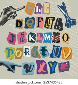 Letter newspaper. Alphabet font magazine made of cut paper. Cutout collage with text. News typography. Old halftone sticker. Uppercase symbols. Newsletter hand. Vector retro alphabetical icons set