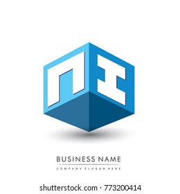 Letter NI logo in hexagon shape and blue background, cube logo with letter design for company identity.

