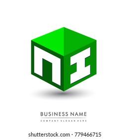 Letter NI logo in hexagon shape and green background, cube logo with letter design for company identity.
