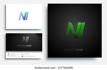 Letter NI logotype with colorful circle, with striped composition letter, sets of business card for company identity, creative industry, web.

