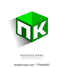 Letter NK logo in hexagon shape and green background, cube logo with letter design for company identity.
