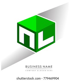 Letter NL logo in hexagon shape and green background, cube logo with letter design for company identity.
