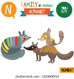 Letter N-Mega big set.Cute vector alphabet with family of animals in cartoon style.