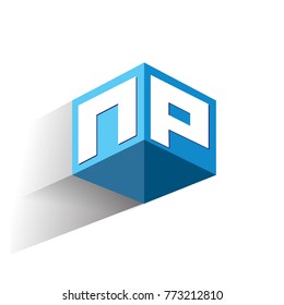 Letter NP logo in hexagon shape and blue background, cube logo with letter design for company identity.
