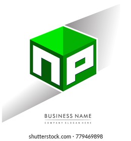 Letter NP logo in hexagon shape and green background, cube logo with letter design for company identity.
