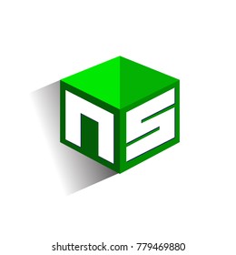 Letter NS logo in hexagon shape and green background, cube logo with letter design for company identity.
