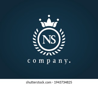 Letter NS, N or S calligraphic and crown monogram. Laurel elegant beautiful round identity. The vintage emblem for Royalty, Restaurant, Boutique, Hotel, Heraldic, Jewelry, Cafe, Brand name, label.