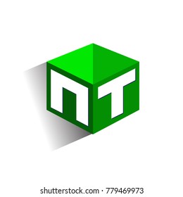 Letter NT logo in hexagon shape and green background, cube logo with letter design for company identity.
