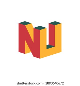 Letter NU logo with 3d isometric effect. Vector illustration.