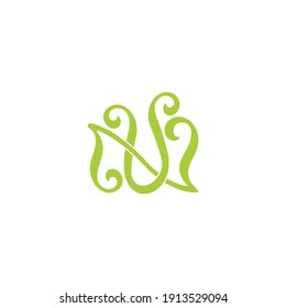 letter nu simple curves green plant natural symbol logo vector