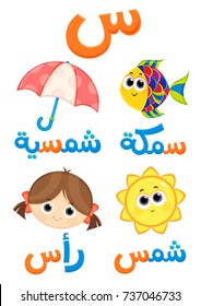 letter number 12 in Arabic Alphabet ( sin )  in Contextual forms  Initial , Medial . Final and  Isolated  . words : fish umbrella sun and head