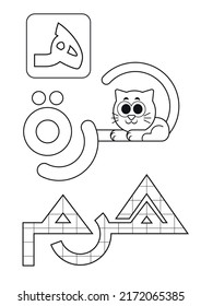 letter number 26 in Arabic Alphabet ( ha )  translation : cat and pyramid , coloring page activity for kids