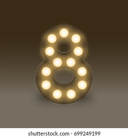 The Letter Number Eight Or 8, In The Alphabet Incandescent Light Bulb Box Set, Illustration Retro 3D Style Isolated Glow In Dark Background