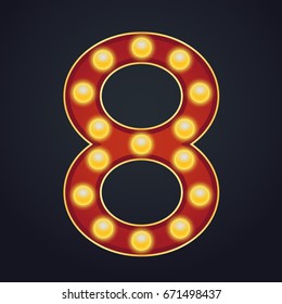 Letter number eight alphabet sign marquee light bulb vintage carnival or circus style ,Vector illustration