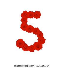 The letter number five or 5, in the Alphabet bloom red roses illustration set isolated on white background, vector eps10