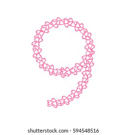 The letter number nine or 9, in the alphabet Heart flower petals illustration set flat design pink color isolated on white background, vector eps10