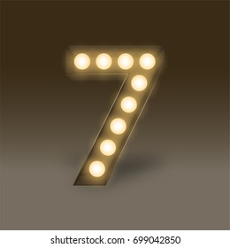 The letter number seven or 7, in the alphabet Incandescent light bulb box set, illustration retro 3D style isolated glow in dark background