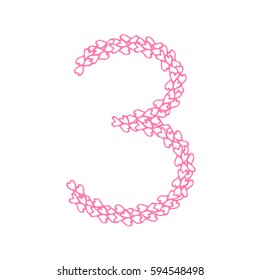 The letter number three or 3, in the alphabet Heart flower petals illustration set flat design pink color isolated on white background, vector eps10