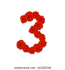 The letter number three or 3, in the Alphabet bloom red roses illustration set isolated on white background, vector eps10