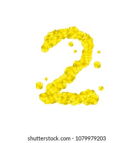 The letter number two or 2, in the alphabet Crystal diamond 3D virtual set illustration Gemstone concept design yellow color, isolated on white background, vector eps 10