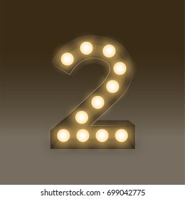 The Letter Number Two Or 2, In The Alphabet Incandescent Light Bulb Box Set, Illustration Retro 3D Style Isolated Glow In Dark Background