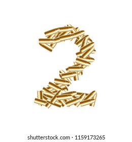 The letter number two or 2 gold color, in the alphabet bullet set, illustration 3D virtual design isolated on white background