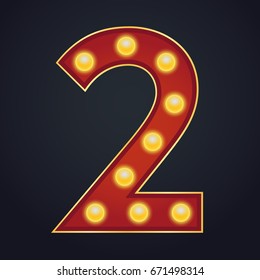 Letter number two alphabet sign marquee light bulb vintage carnival or circus style ,Vector illustration