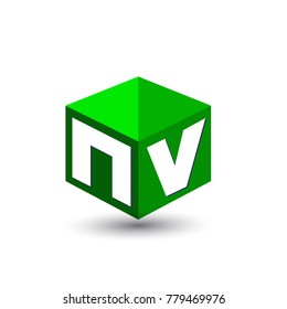 Letter NV logo in hexagon shape and green background, cube logo with letter design for company identity.
