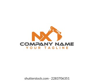 Letter NX Building With Excavator Logo Design Concept. Creative Excavators, Construction Machinery Special Equipment Vector Illustration.