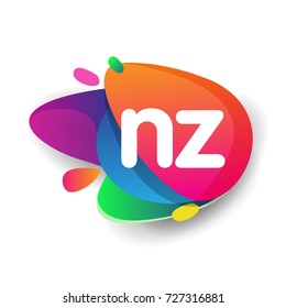 Letter NZ logo with colorful splash background, letter combination logo design for creative industry, web, business and company.